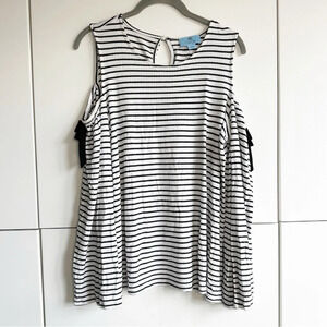 CeCe Cold shoulder Blouse Stripe Black and White Bow Flare Sleeve Size Large